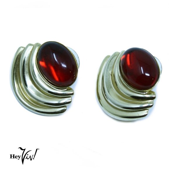 Vintage Statement Set Gold and Red Necklace and Pierced Earrings - Hey Viv - Picture 2 of 5